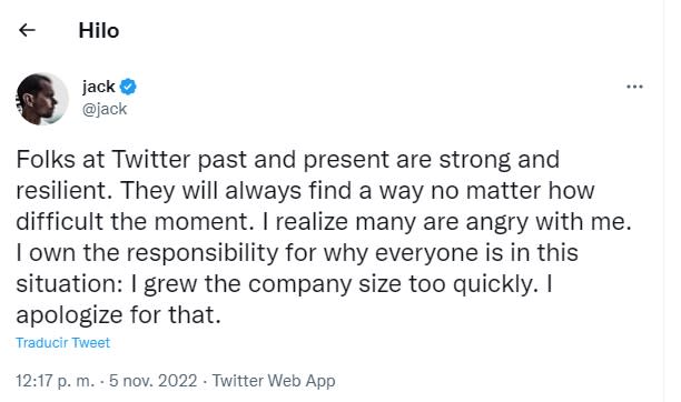 Tuit de Jack Dorsey sobre los despidos en Twitter