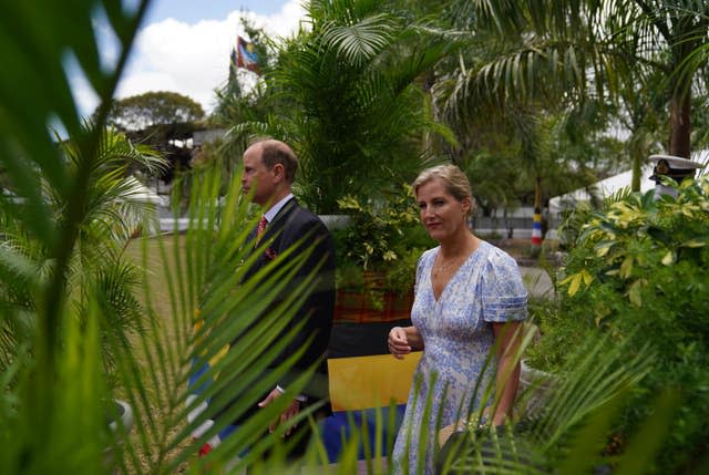 The Earl and the Countess of Wessex meet local craftspeople, creatives and community groups in the garden of Government House, St John’s, Antigua and Barbuda, in April 