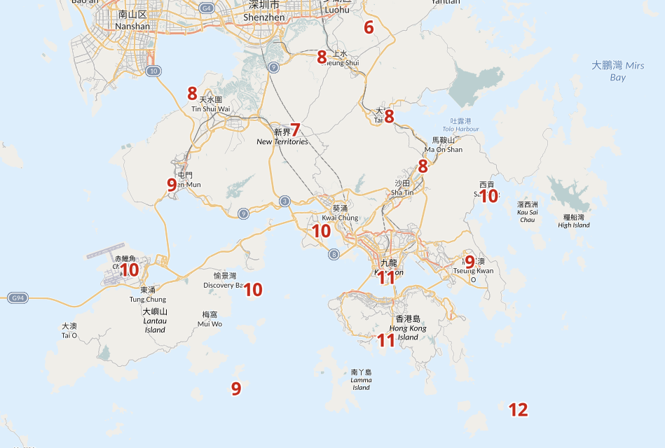 根據天文台「香港及珠江三角洲區域自動分區天氣預報」，預測在 12 月 22 日早上 7 時，北區氣溫只有 8 度，打鼓嶺僅 6 度。（資料擷取時間：2023 年 12 月 18 日 12:05 分）