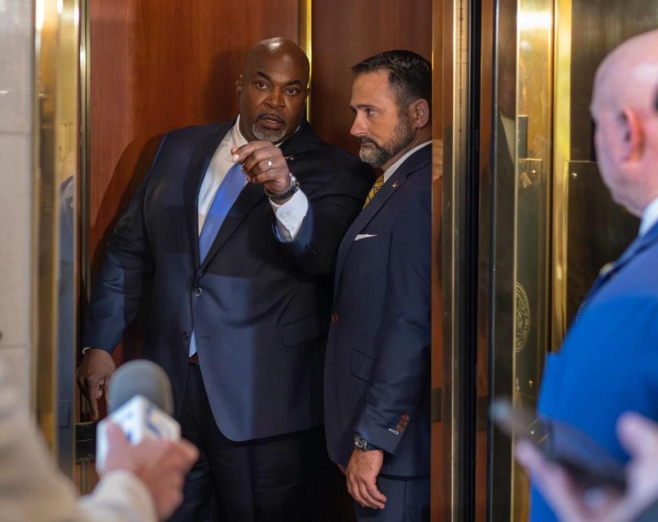 North Carolina Lt. Gov. Mark Robinson lashes out at the news media on Wednesday, July 10, 2024 from an elevator in the General Assembly as they ask him questions about his comments on June 30, 2024 at Lake Church in Bladen County, when he said “some folks need killing.”