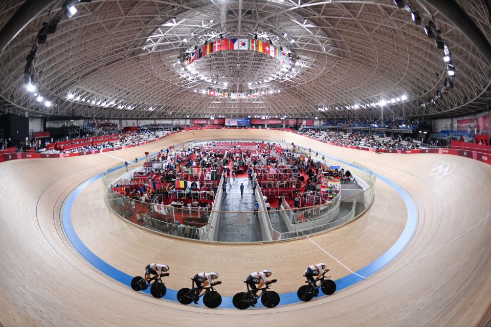 <p>Germany's Roger Kluge, Germany's Felix Gross, Germany's Domenic Weinstein and Germany's Theo Reinhardt compete for 5-6 place in the men's track cycling team pursuit finals during the Tokyo 2020 Olympic Games at Izu Velodrome in Izu, Japan, on August 4, 2021. (Photo by Peter PARKS / AFP) (Photo by PETER PARKS/AFP via Getty Images)</p> 