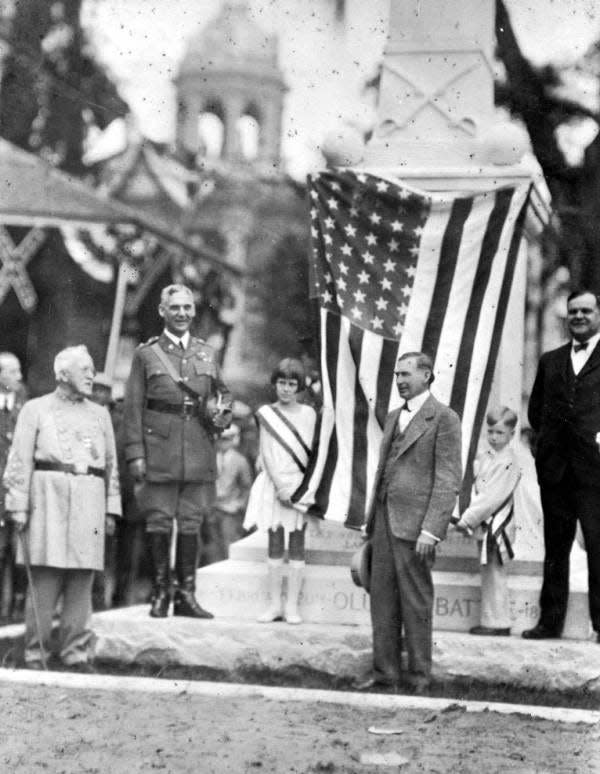 The 1928 dedication of the Olustee Memorial in Lake City, L-R : Colonel Thomas Jefferson Appleyard, U.S. Army Chief of Staff Major General Charles Pelot Summerall (Columbia County native who later became President of the Citadel 1931-1953), Virginia Phillips, State Senator William W. Phillips, Robert McColskey, and Governor John Martin.