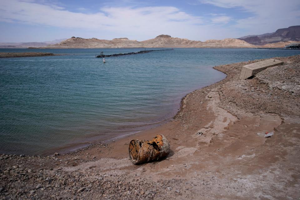 Rusting debris that used to be underwater sits above the water level on Lake Mead at the Lake Mead National Recreation Area, Monday, May 9, 2022, near Boulder City, Nev. (AP Photo/John Locher)