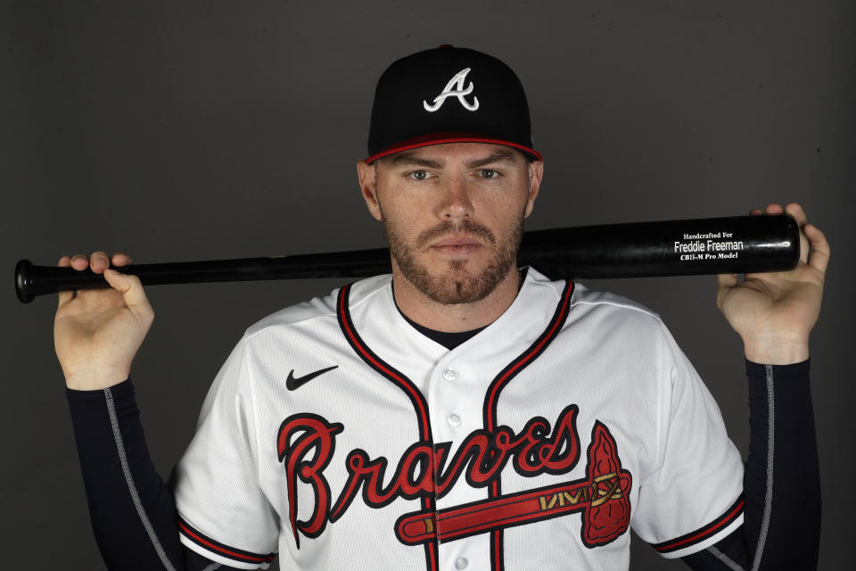 This is a 2020 photo of Freddie Freeman of the Atlanta Braves baseball team. Atlanta Braves four-time All-Star Freddie Freeman, reliever Will Smith and two teammates have tested positive for the coronavirus. Manager Brian Snitker says the four players, including right-hander Touki Toussaint and infielder Pete Kozma, agreed to have the team disclose their positive tests. (AP Photo/John Bazemore)