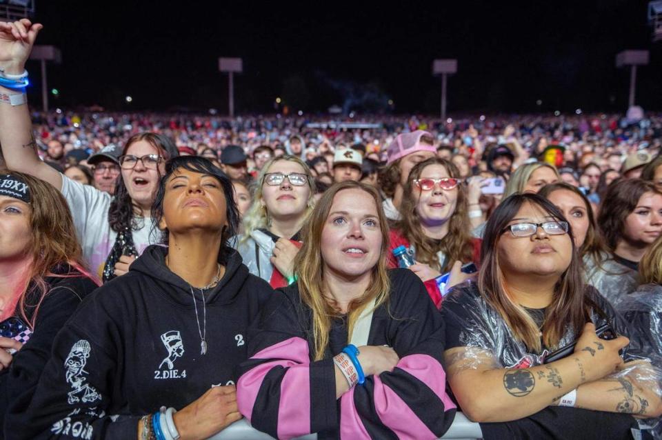 Courtesy Catalano, left, Chelsey Bryant and Faith Platero watch Loud Luxury preform during Kelce Jam at the Azura Amphitheater on Friday, April 28, 2023, in Bonner Springs.