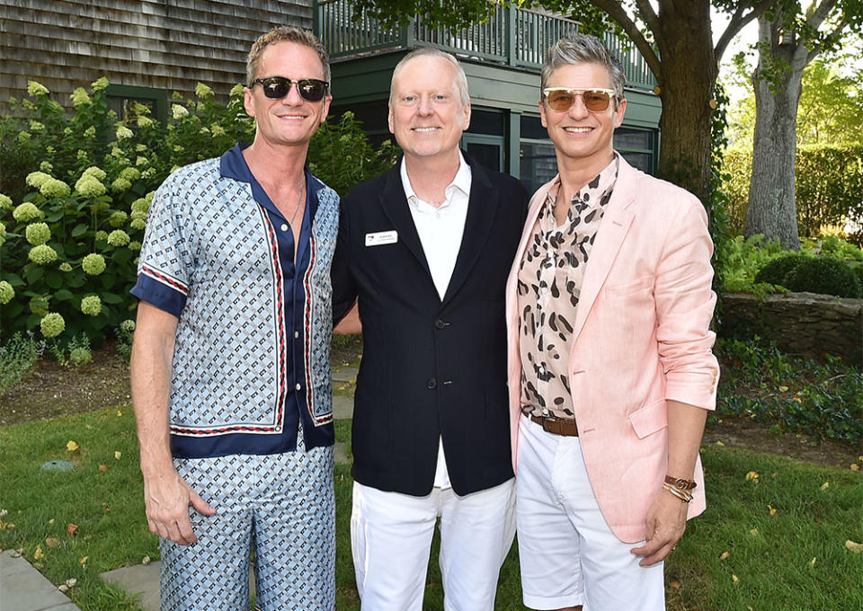 Neil Patrick Harris, David Ludwigson and David Burtka attend Midsummer Night Drinks, At the Home Of David Burtka & Neil Patrick Harris at David Burtka and Neil Patrick Harris Residence on July 29, 2023 in East Hampton, NY.