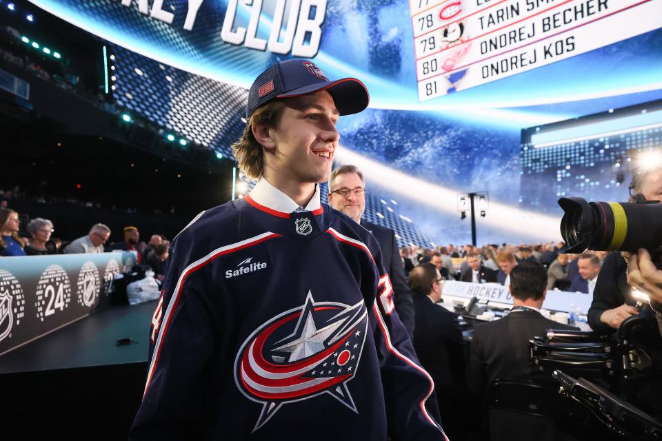 LAS VEGAS, NEVADA - JUNE 29: Luca Marrelli is selected by the Columbus Blue Jackets with the 86th overall pick during the 2024 Upper Deck NHL Draft at Sphere on June 29, 2024 in Las Vegas, Nevada. (Photo by Bruce Bennett/Getty Images)