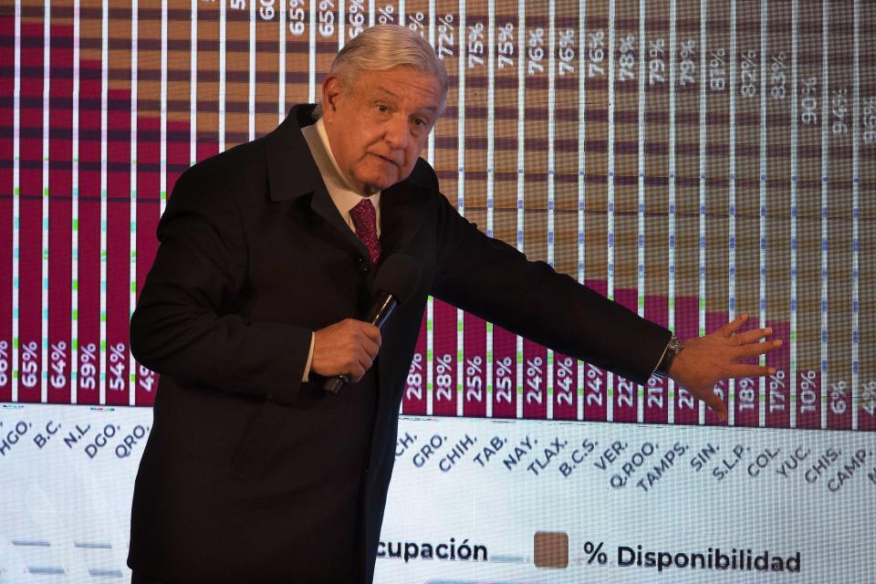 FILE - In this Dec. 18, 2020 file photo, Mexican President Andres Manuel Lopez Obrador points to a graph showing the percentages of hospital beds available, state by state, during his daily news conference at the presidential palace, Palacio Nacional, in Mexico City. López Obrador was working from isolation on Monday, Jan. 25, 2021, a day after announcing that he had tested positive for COVID-19, his interior secretary said. (AP Photo/Marco Ugarte, File)