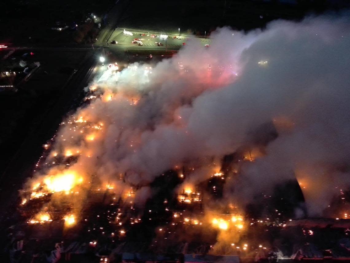 A Benton County Sheriff’s Office drone shows the extent of the fire at the Lineage Logistics warehouse on Sunday evening.