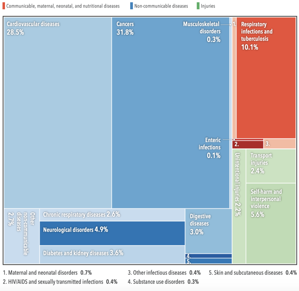 Distribution of total YLLs by cause, Singapore, both sexes, 2017. (SOURCE: Singapore Burden of Disease Report 1990-2017)