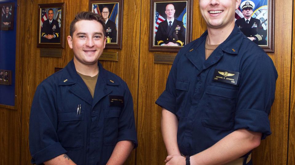Ensigns Matthew Hedish and Michael Johnson assisted saving a man's life this month while visiting a museum. (U.S. Navy)