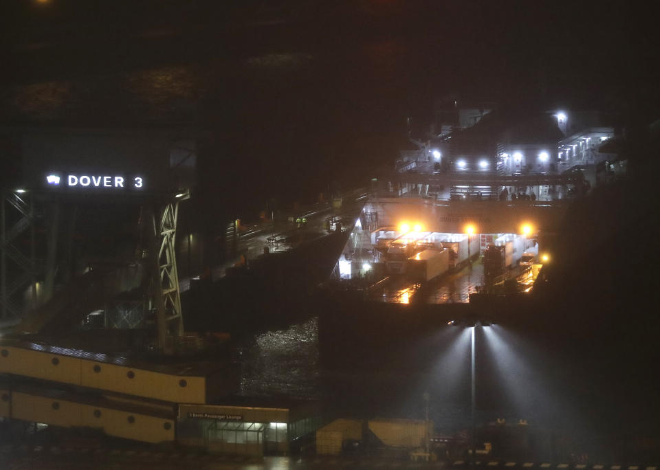 The first ferry to dock in the port of Dover, England, after the Britain left the European Union on Friday, Jan. 31, 2020. With little fuss and not much fanfare, Britain left the European Union on Friday after 47 years of membership, taking a leap into the unknown in a historic blow to the bloc. (AP Photo/Matt Dunham)