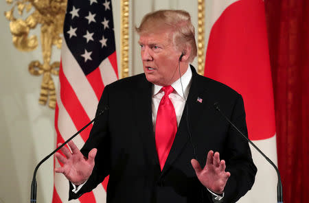 U.S. President Donald Trump gestures during a joint news conference with Japan's Prime Minister Shinzo Abe, at Akasaka Palace in Tokyo, Japan May 27, 2019. REUTERS/Athit Perawongmetha