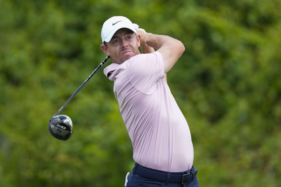 Rory McIlroy, of Northern Ireland, hits of the second tee during the first round of the PGA Zurich Classic golf tournament at TPC Louisiana in Avondale, La., Thursday, April 25, 2024. (AP Photo/Gerald Herbert)