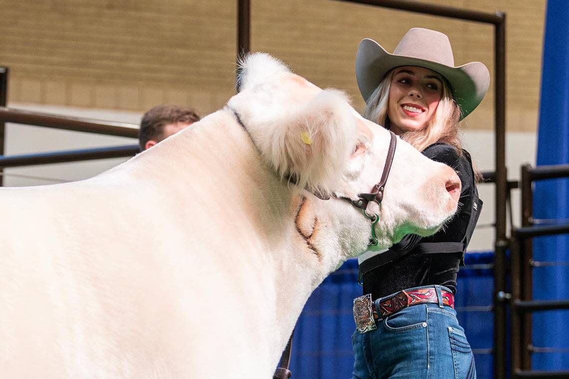 Elli Bezner, 17, shows off her Grand Champion Steer Leadfoot during the Jr. Sale of Champions Livestock Auction at the Fort Worth Stock Show & Rodeo on Saturday, Feb. 3, 2024.