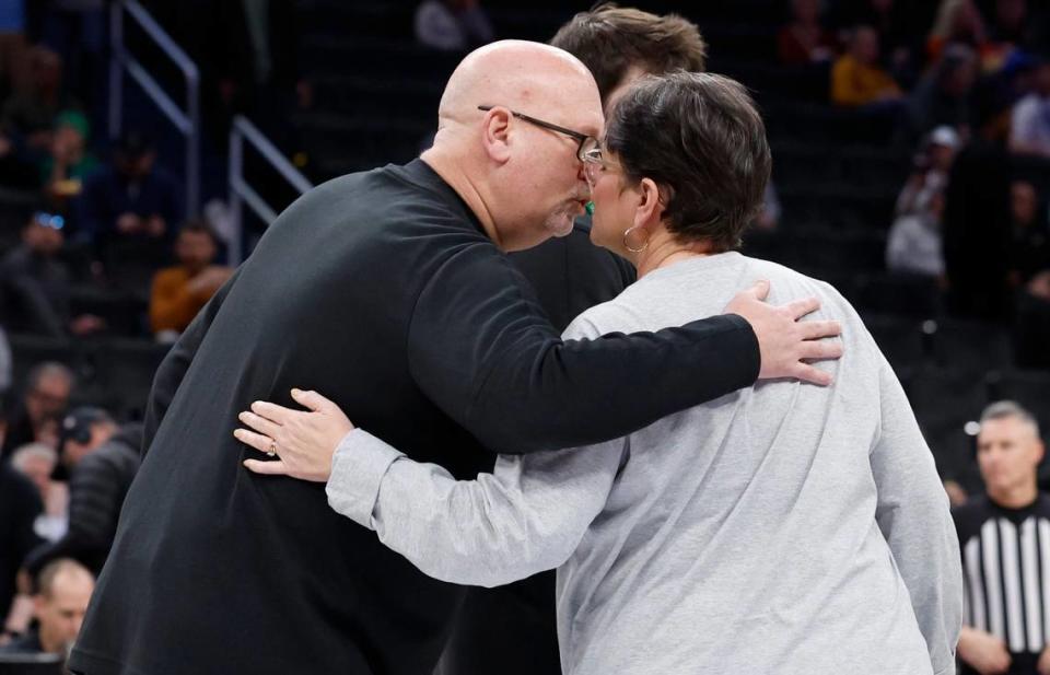 Wake Forest coach Steve Forbes kisses his wife Johnetta after the Forbes family was awarded the Bob Bradley Award before Wake Forest’s game against Notre Dame in the second round of the 2024 ACC Men’s Basketball Tournament at Capital One Arena in Washington, D.C., Wednesday, March 13, 2024. Johnetta is recovering from a stroke that occurred in August.