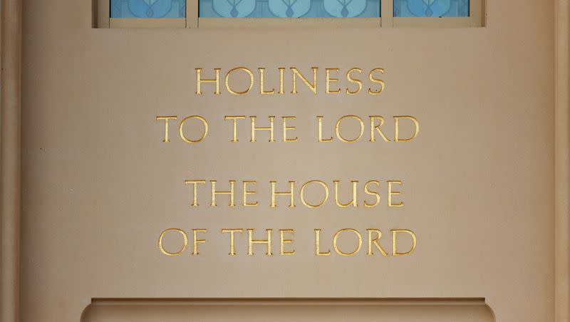The inscription “Holiness to the Lord, the house of the Lord” is shown above the entrance of the Feather River California Temple in Yuba City, California. The church announced the site locations for three new temples in Vienna, Pennsylvania and Virginia on Monday, Oct. 30, 2023.