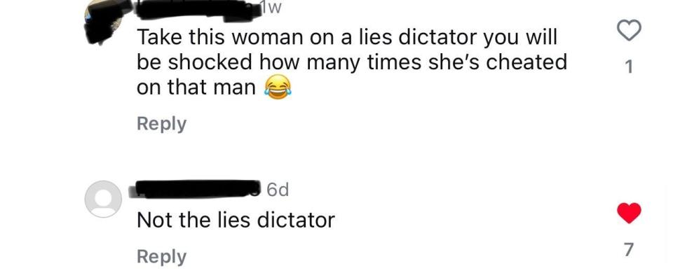 A comment thread reads: "Take this woman on a lies dictator you will be shocked how many times she's cheated on that man" with a laughing emoji, followed by "Not the lies dictator."