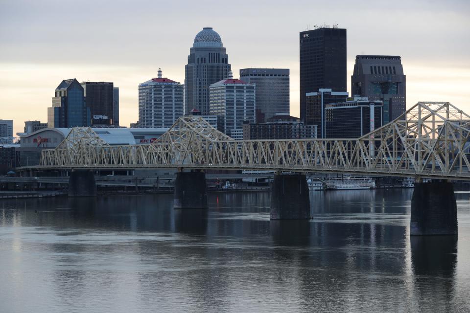 Johnny Phillips owns a condo with a view of the Louisville skyline inside The Harbours Condominiums along the riverfront in Jeffersonville, Ind. on Feb. 6, 2023.