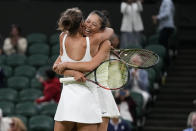 Barbora Strycova of the Czech Republic, left, and Taiwan's Hsieh Su-Wei celebrate after beating Australia's Storm Hunter and Belgium's Elise Mertens to win the final of the women's doubles on day fourteen of the Wimbledon tennis championships in London, Sunday, July 16, 2023. (AP Photo/Kirsty Wigglesworth)