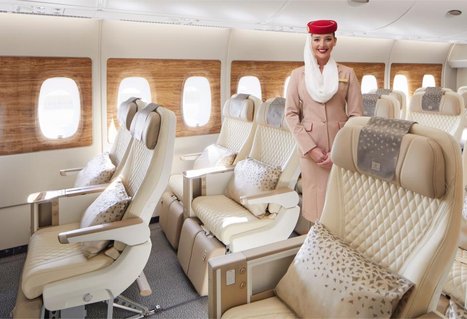 Emirates’ new premium-economy seats are clad in quilted cream leather.