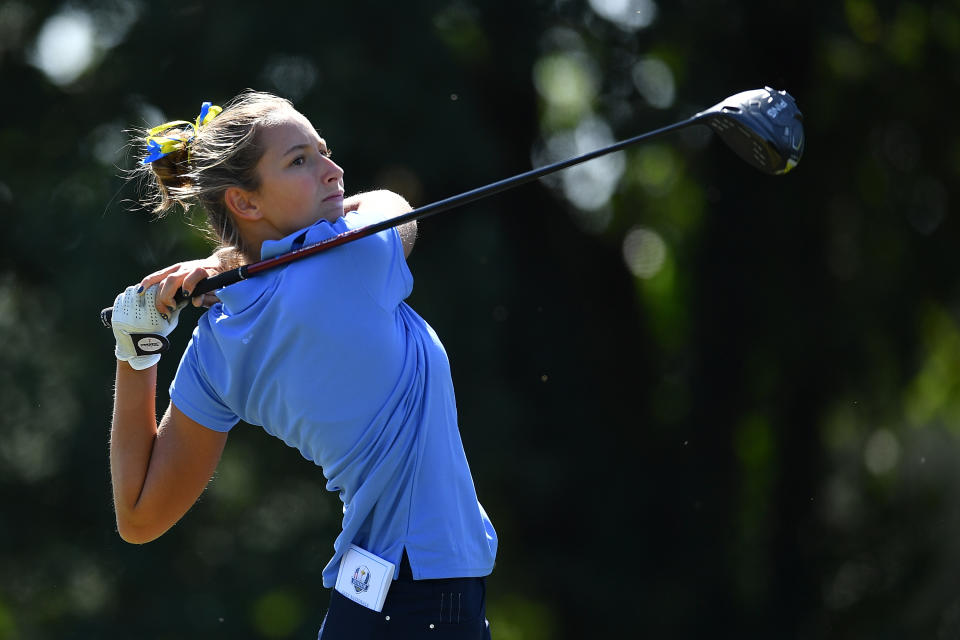 Rocio Tejedo of team Europe plays a shot during Day Two of the 2023 Junior Ryder Cup at Golf Nazionale on September 27, 2023 in Viterbo, Italy. (Photo by Valerio Pennicino/Getty Images)