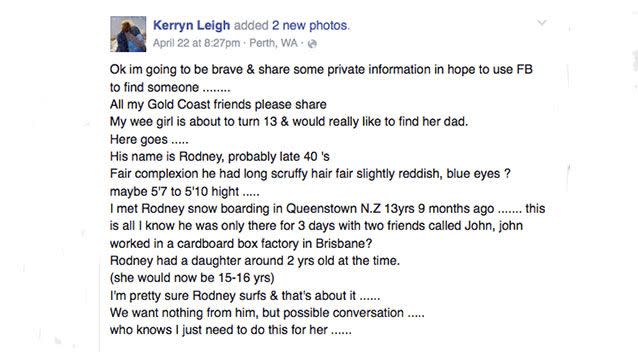 The post that the mother added onto Facebook has since gone viral. Source: Facebook/Kerryn-Leigh.