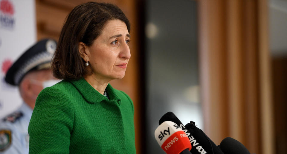 NSW Premier Gladys Berejiklian addresses media during a press conference in Sydney, Saturday, August 14, 2021. (AAP Image/Dan Himbrechts) NO ARCHIVING