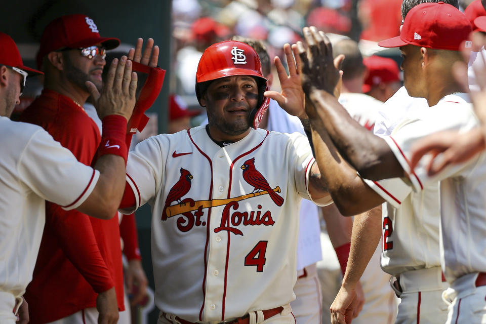 St. Louis Cardinals' Yadier Molina is congratulated by teammates after scoring a run during the second inning of a baseball game against the San Francisco Giants, Saturday, May 14, 2022, in St. Louis. (AP Photo/Scott Kane)