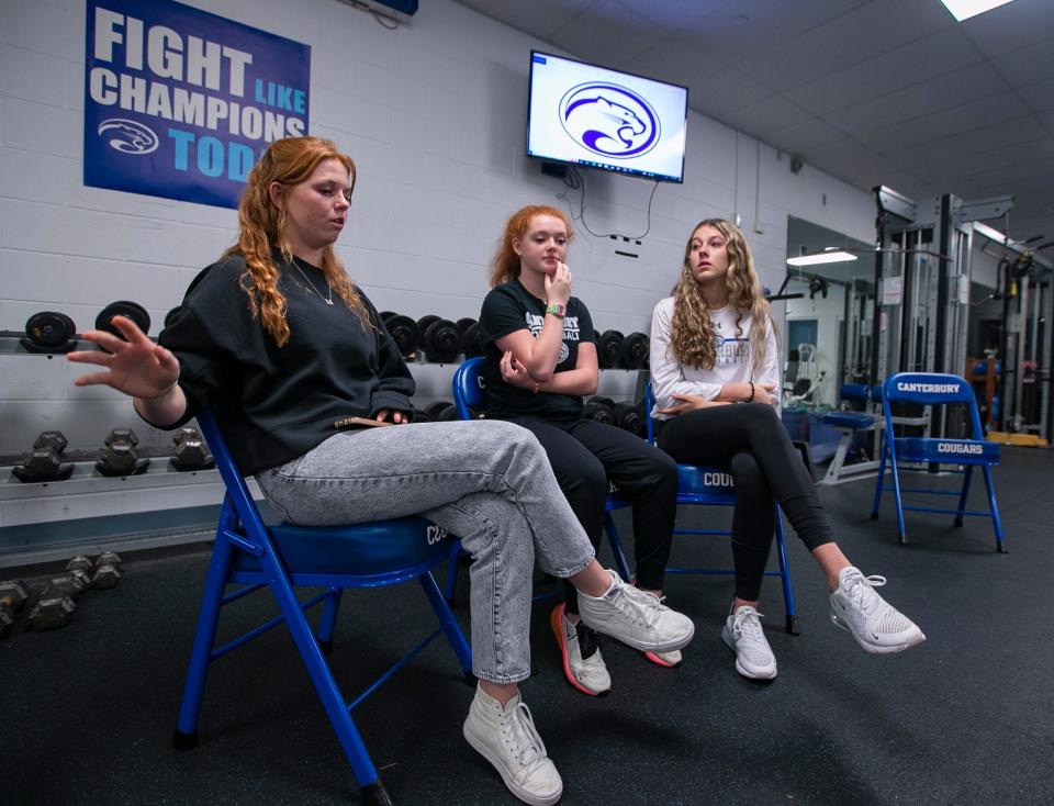 From left, Maryn Fancher, Delaney Fried and Brighten Sedmack, all teammates for the Canterbury School volleyball team, are photographed at the school gymnasium Friday, October 14, 2022. They all were severely impacted by the effects of Hurricane Ian. 