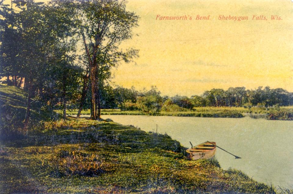 A vintage post card depicting Farnsworth’s Bend on the Sheboygan River in Sheboygan Falls, Wis.