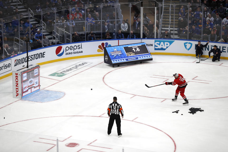 Carolina Hurricanes' Jaccob Slavin shoots during the Skills Competition accuracy shooting event, part of the NHL All-Star weekend, Friday, Jan. 24, 2020, in St. Louis. Slavin won the event. (AP Photo/Jeff Roberson)