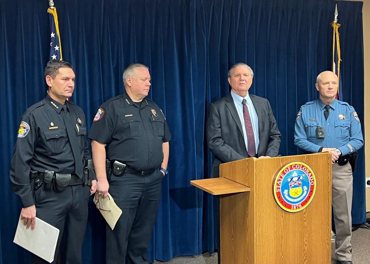 Representatives from local law enforcement agencies address members of the media at a press event Monday at the 10th Judicial District Attorney's Office in Pueblo.