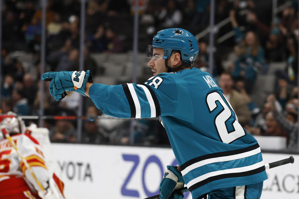 San Jose Sharks right wing Timo Meier (28) celebrates after scoring a goal in the first period of an NHL hockey game against the Calgary Flames, Sunday, Dec. 18, 2022, in San Jose, Calif. (AP Photo/Josie Lepe)