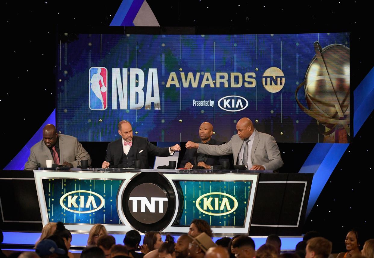 SANTA MONICA, CA - JUNE 25: (L-R) Shaquille O'Neal, Ernie Johnson Jr., Kenny Smith, and Charles Barkley speak onstage at the 2018 NBA Awards at Barkar Hangar on June 25, 2018 in Santa Monica, California. (Photo by Kevin Winter/Getty Images for Turner Sports)