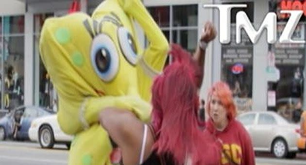 SpongeBob SquarePants gets punched in a street fight in LA. Photo courtesy: TMZ