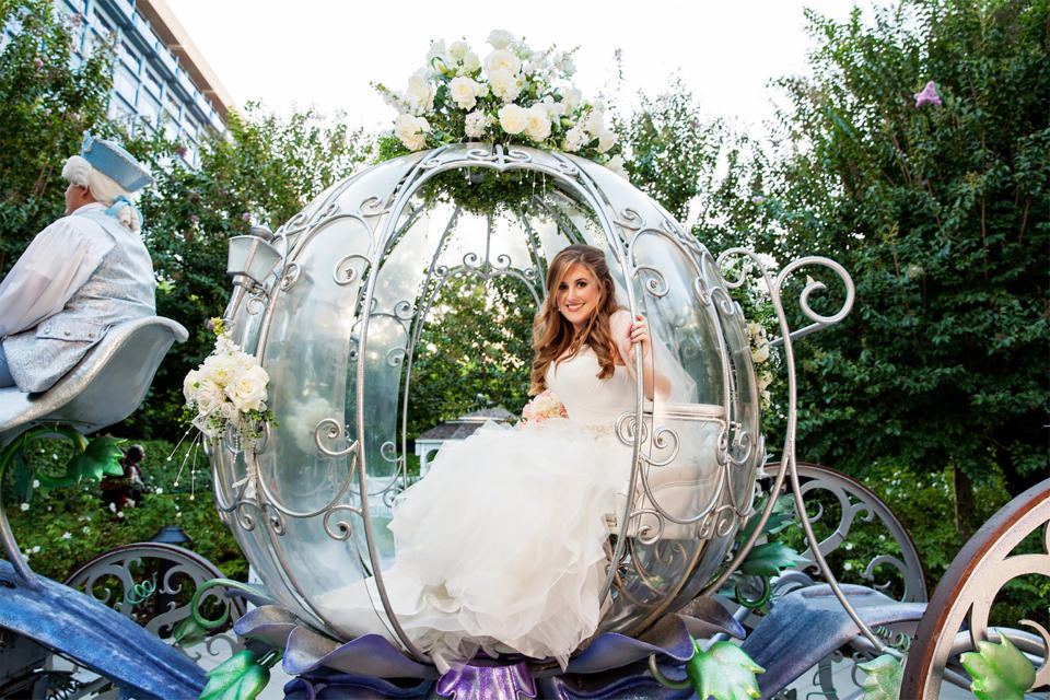 For Shellie, riding in Cinderella's glass coach was worth the thousands of dollars it cost. (Photos by Jenna Henderson/White Rabbit Photo Boutique, Courtesy The Serial Bride)