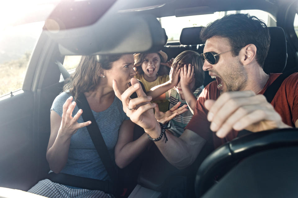 Angry parents arguing in car. 