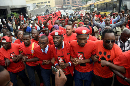 Ugandan musician turned politician, Robert Kyagulanyi, leads activists during a demonstration against new taxes including a levy on access to social media platforms in Kampala, Uganda July 11, 2018. REUTERS/Newton Nambwaya