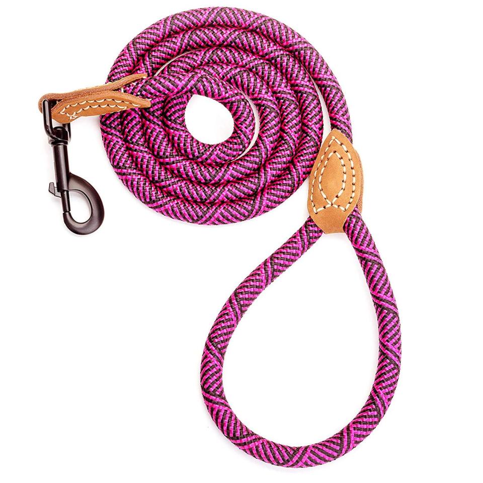 <h3>Climbing-Rope Dog Leash</h3><p>This colorful dog lease isn't just chic, it's mountaineer-approved too — made from a durable tensile-strength rope for the most active dog and owner duos.</p><br><br><strong>Mile High Life</strong> Mountain Climbing Rope Dog Leash With Leather Handle, $9.99, available at <a href="https://www.amazon.com/dp/B072MTLR9R/ref=sspa_dk_detail_5" rel="nofollow noopener" target="_blank" data-ylk="slk:Amazon" class="link ">Amazon</a>
