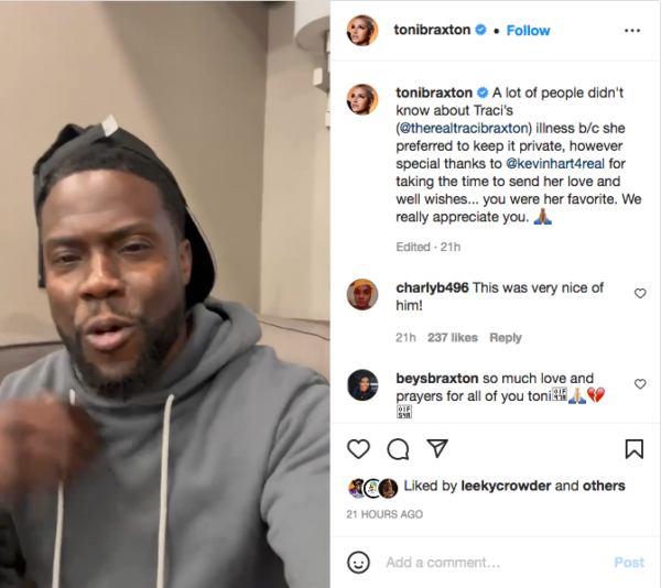 Toni Braxton revealed that Kevin Hart sent a personal video to her sister Traci Braxton as she was battling cancer. Photo:@tonibraxton/Instagram