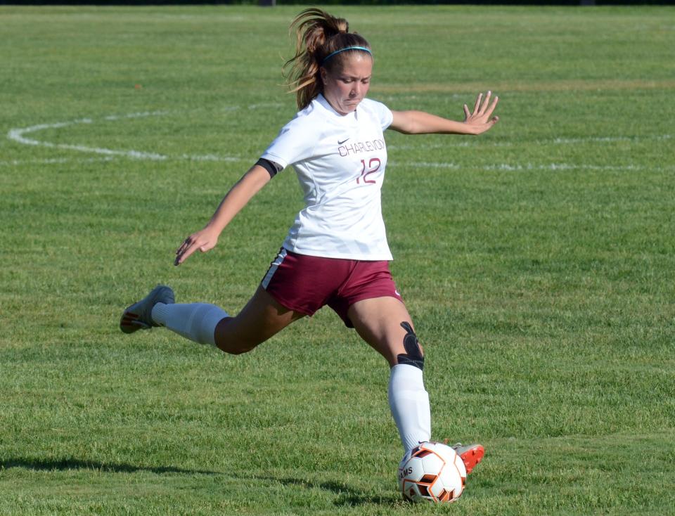 Charlevoix senior Claire Scholten gets ready to send a free kick into the Harbor box. The game wrapped a career with the Rayders Friday night.