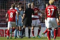 Britain Football Soccer - Middlesbrough v Burnley - Premier League - The Riverside Stadium - 8/4/17 Middlesbrough's Patrick Bamford appeals to the referee Martin Atkinson after being fouled by Burnley's Michael Keane Action Images via Reuters / Craig Brough Livepic