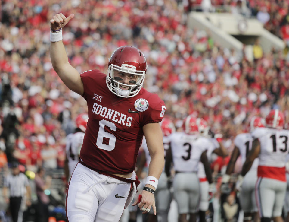 Oklahoma quarterback Baker Mayfield will have to answer questions about his height and off-field issues before the draft. (AP)