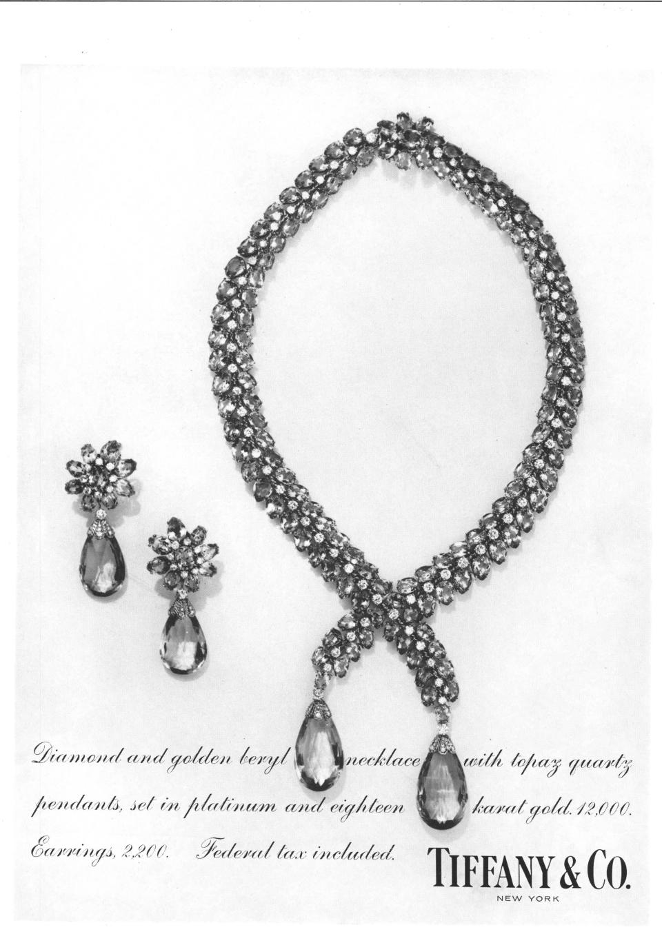 Tiffany & Co. ad from 1962, featuring the necklace worn by Dua Lipa at the 2024 Golden Globes.