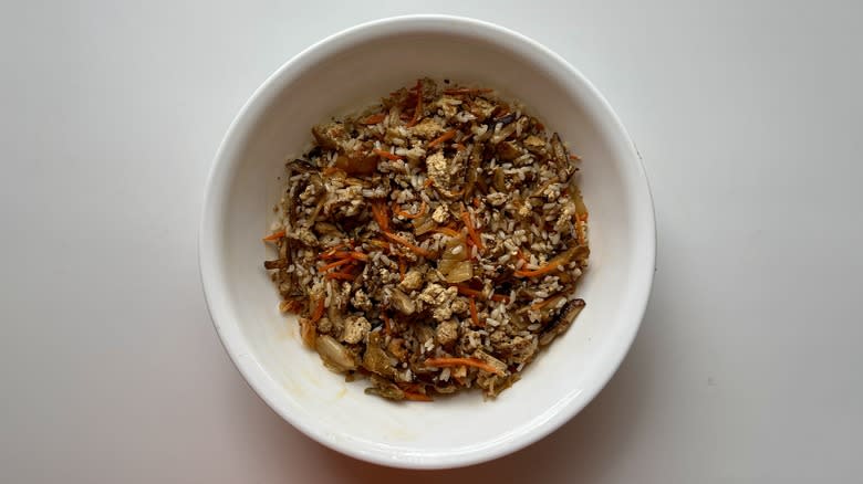 tofu rice and vegetables in mixing bowl