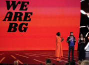 WNBA player Nneka Ogwumike of the Los Angeles Sparks, host Stephen Curry, and WNBA player Skylar Diggins-Smith of the Phoenix Mercury speak about Brittney Griner's detainment at the ESPY Awards on Wednesday, July 20, 2022, at the Dolby Theatre in Los Angeles. (AP Photo/Mark Terrill)