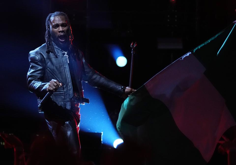 Burna Boy performs during the 2023 NBA All-Star Game at Vivint Arena on Feb. 19.