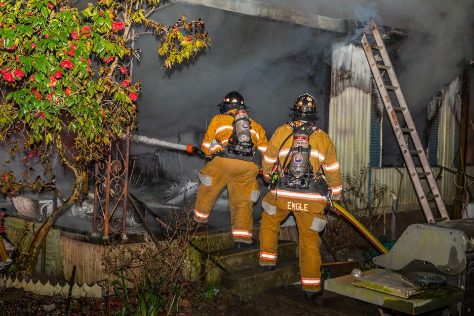 Firefighters from Salisbury and Hebron battle a structure fire on the 7000 block of Wolf Road in this April 7, 2023, photo.