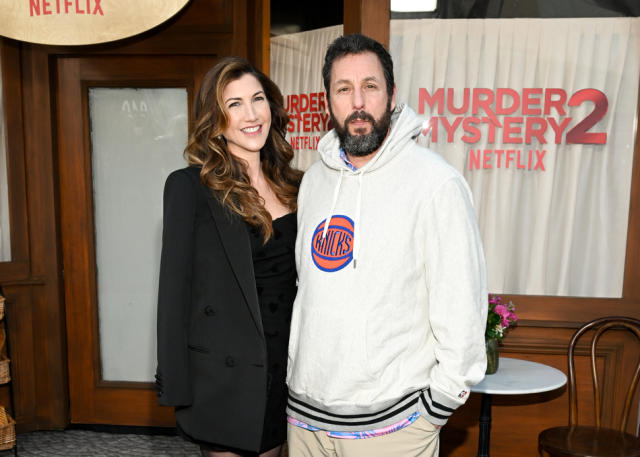 Los Angeles, USA. 28th Mar, 2023. MURDER MYSTERY 2 Cast & Crew - (Standing,  L-R) Jason Young, Ori Marmur, Zurin Villanueva, Ted Sarandos, Jodie  Turner-Smith, Adam Sandler, Scott Stuber, Jennifer Aniston, Jeremy